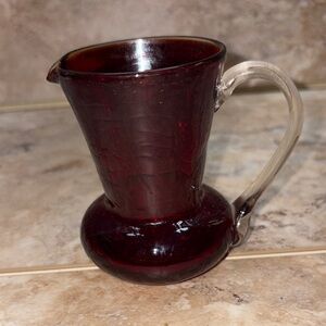 vintage deep ruby red crackle glass pitcher, Claire handle 3-1/2”H